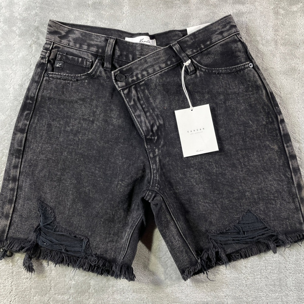 Kancan Denim Shorts Womens‎ Medium Black 6" Acid Wash Cross Over High Rise